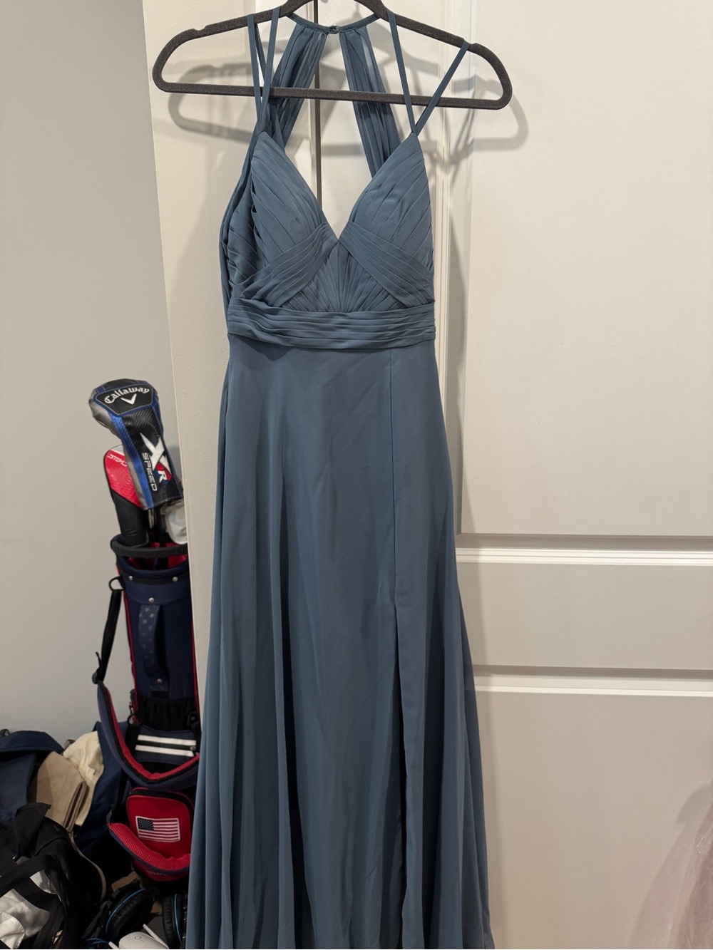 Azazie Halter V-Neck Slate Blue Evening Dress